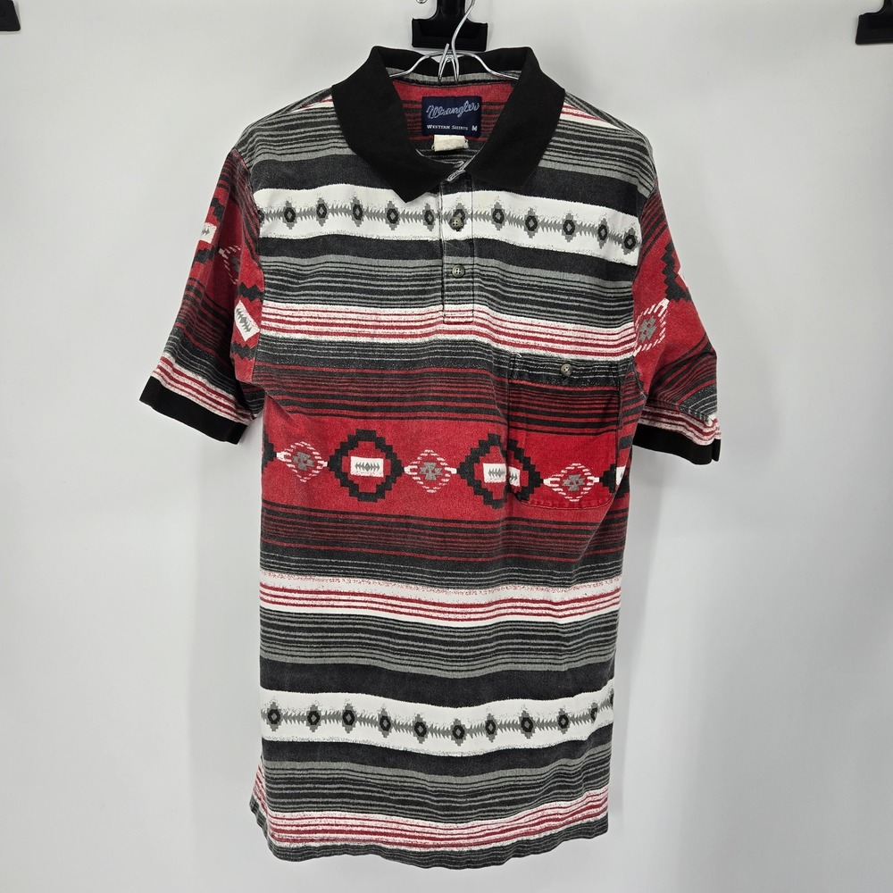 Southwestern‎ Aztec Striped Polo Shirt Knit Pocket Wrangler Medium Western VTG